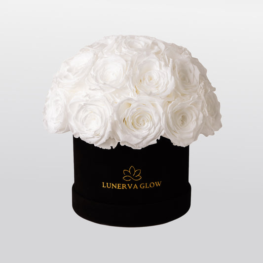 Weiße Infinity Rosenbox Kuppelförmig mit weißen Rosen | LUNERVA GLOW 