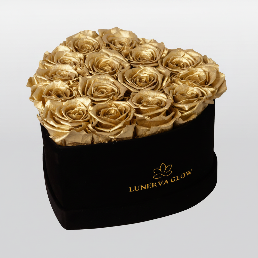 Infinity Herzbox mit goldenen haltbaren Rosen | LUNERVA GLOW 