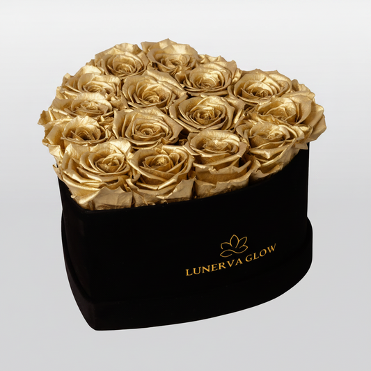 Infinity Herzbox mit goldenen haltbaren Rosen | LUNERVA GLOW 