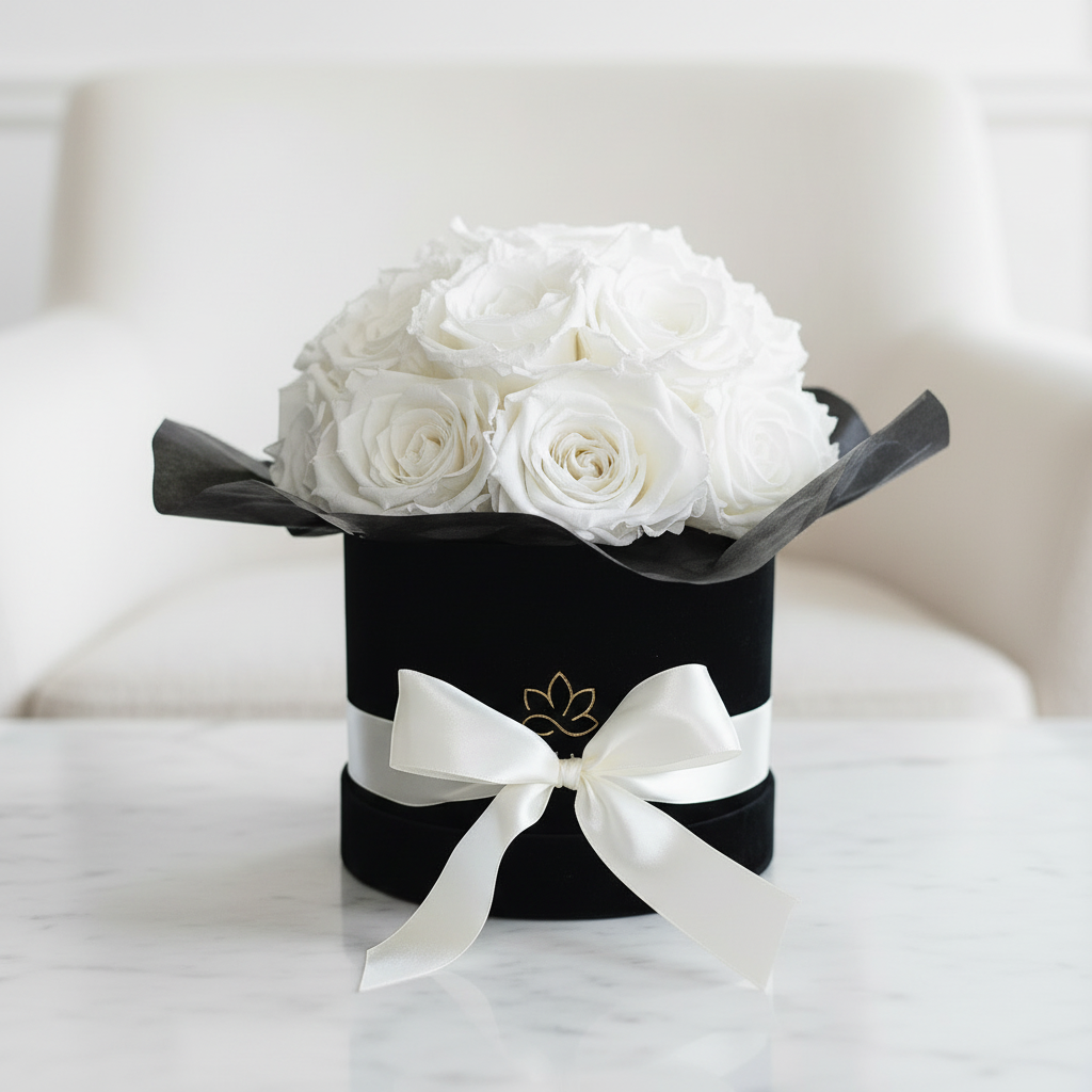 Ein Geschenk zum Muttertag oder zum Geburtstag.  Infinity splendid Blumenbox mit weissen konservierten Rosen | LUNERVA GLOW 