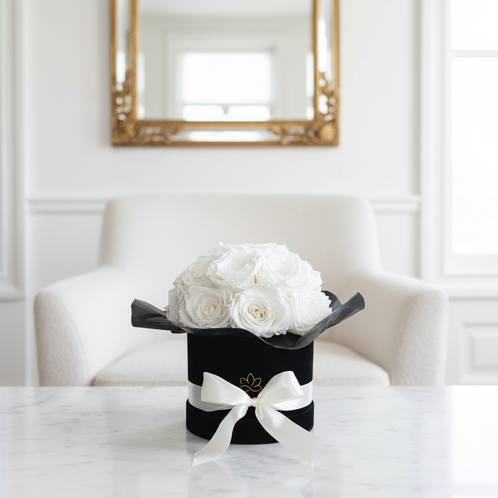 Infinity Splendid Blumenbox mit weisse konservierten Rosen.  Ein geschenk zum Muttertag | Lunerva Glow 