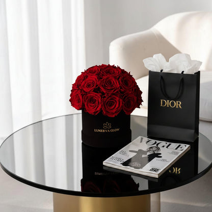 Gewchenkidee Schwarze Mushroom Infinity Flowerbox mit Rote konservierten Rosen | LUNERVA GLOW 