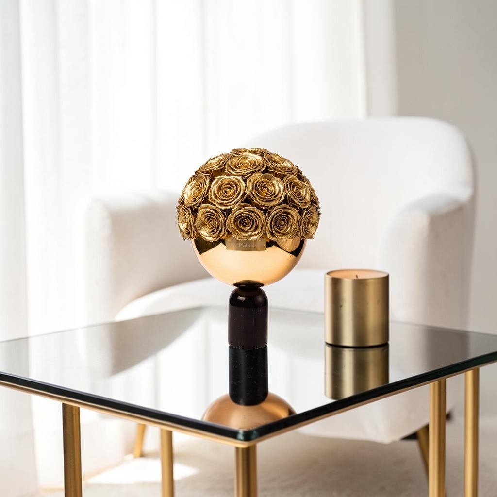 Luxuriöse schwarze Bowl Vase mit goldnen ewigen Rosen | LUNERVA GLOW 