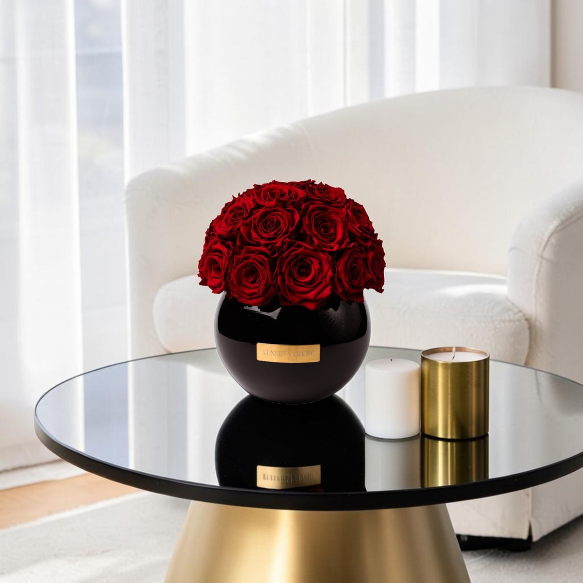 Luxuriöse Dekoration echte haltbare Rote Rosen in schwarzer Glassvase | Lunerva Glow 