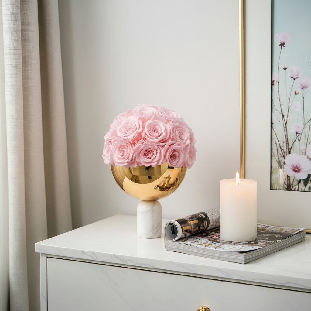 Luxuriöse Marmor Vase mit echten Infinity Rosen in hell Rosa. Elegante Decoration für jeden Raum | Lunerva Glow 