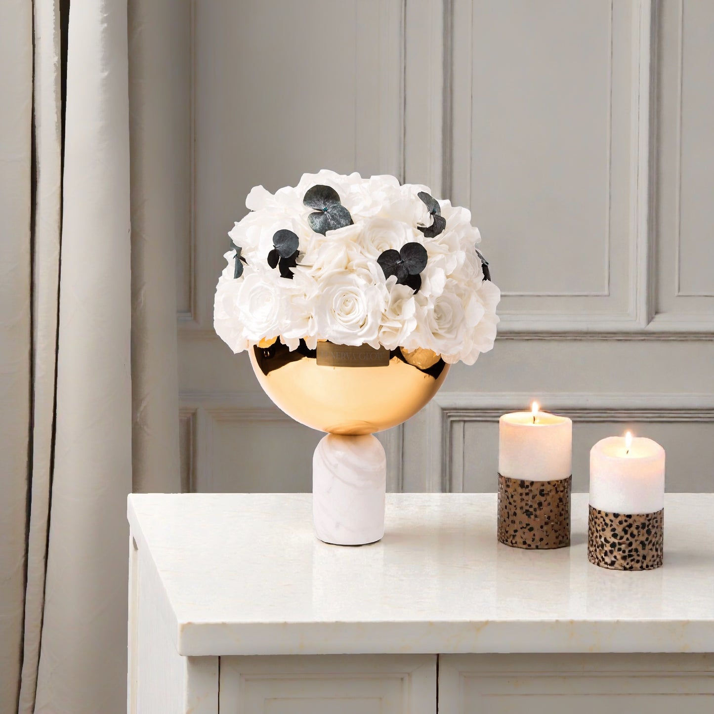 Weiße Marmor Bowl Vase mit ewige Blumen Mix | LUNERVA GLOW 