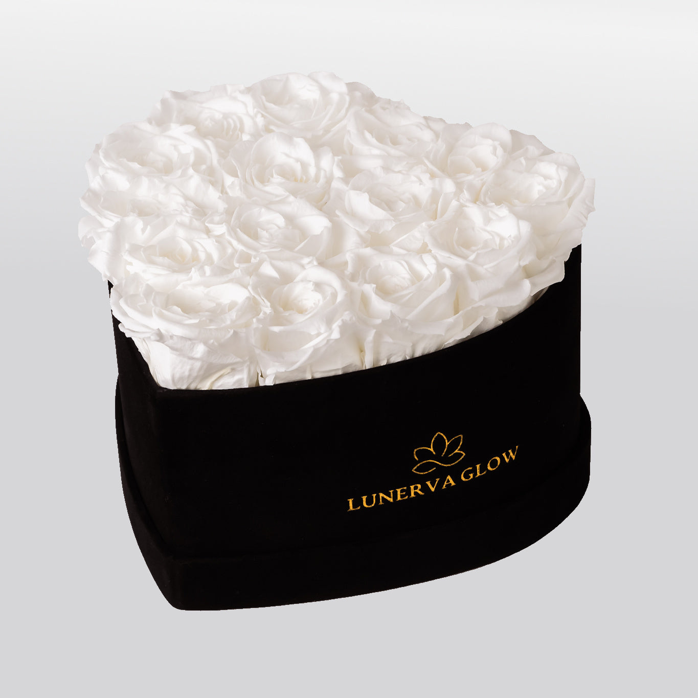 Weiße haltbare Rosen in schwarzem Herzbox aus Samt | LUNERVA GLOW 
