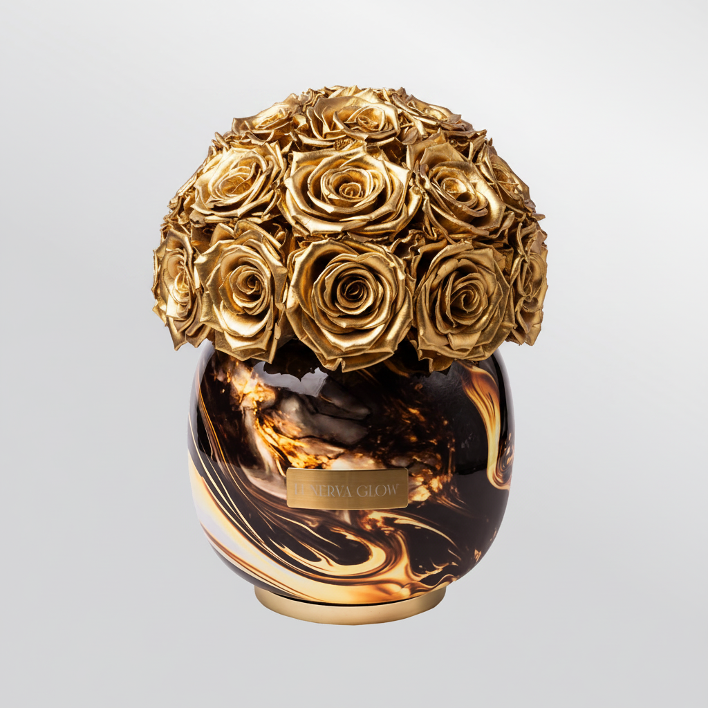 Elegante Vase mit goldenen konservierten Rosen. Decoration | Lunerva Glow 
